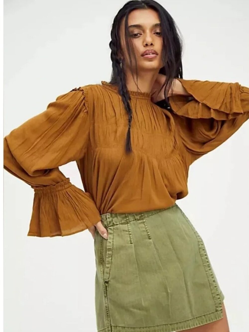 Free People Kelsey Top Size Large Ginger Snap Bell Sleeve Pleated Ruffle Boho